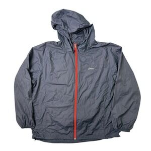 Asics Packable Jacket Mens 2XL Gray Orange Trim Windbreaker Running Hiking Hood